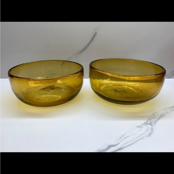 Vintage MCM Boho Pair of 70’s Amber Hand Blown Glass Bowl Stackable Dish Set 2